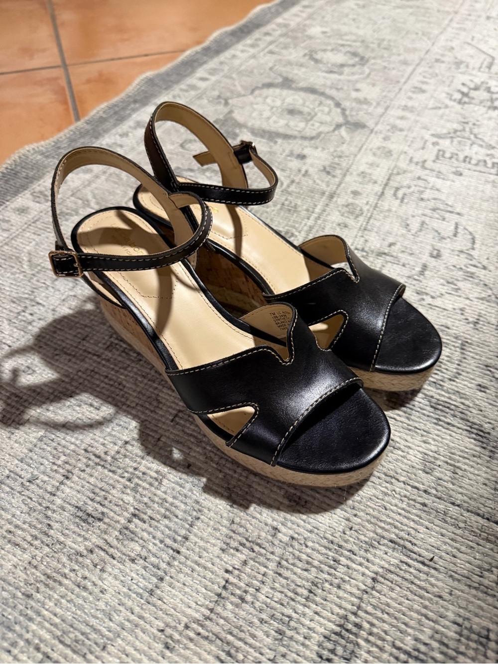 Liz Claiborne’s Women’s Black Leather Ankle-Strap Wedge Sandals